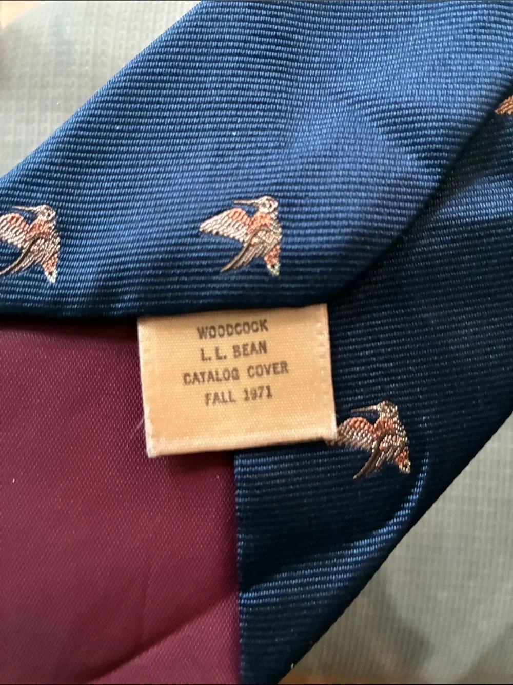 LL Bean American Woodcock Bird Navy Silk Tie 1971